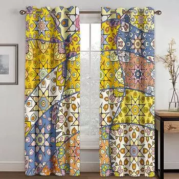 Мультяшные цветочные текстуры линий золотого гепарда 3D шторы синие спальня кухня гостиная балкон окно декор 2 панели 50W130H(CM)X2PCS&Grommet Top