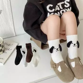 Мультяшные детские носки с собакой, мягкие хлопковые длинные носки для малышей, детские носки с 3D ушками щенка, милые вышитые носки для мальчиков и девочек S чёрный