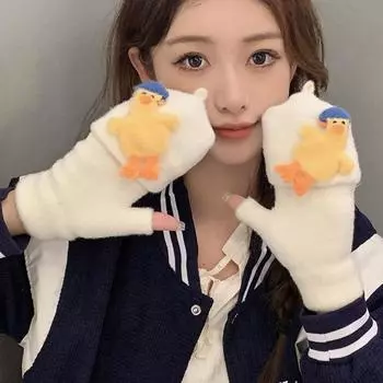 Мультяшные флип-перчатки плюшевые утиные зимние варежки модные полупальцевые перчатки женские/девочки розовый