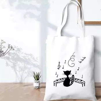 Мультяшные кошки с музыкальным принтом, эко-женская парусиновая сумка-шоппер, милые сумки-тоут, Harajuku, сумка для колледжа, складная сумка для покупок, сумка 24*26cm