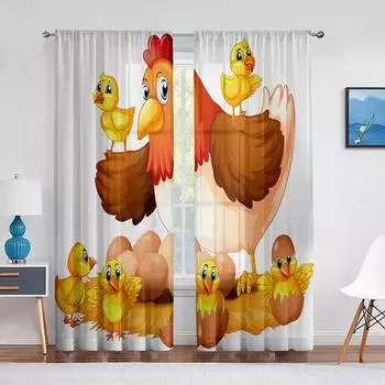 Мультяшные курицы и цыплята, тюлевые занавески для гостиной, украшения спальни, цыпленок, прозрачная шифоновая вуаль, занавеска для окна 1 PCS W100XH250cm&Rod Pocket