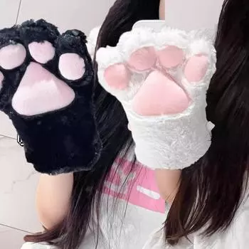 Мультяшные милые перчатки с кошачьими когтями, женские плюшевые варежки, теплые мягкие плюшевые короткие перчатки без пальцев с пушистым медведем и котом, костюм на половину пальца