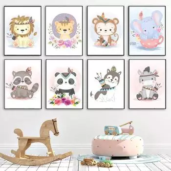 Мультяшные милые животные, настенная живопись на холсте, постеры и принты в детскую комнату, настенные панно, декор для детской комнаты, без рамки 21*30cm