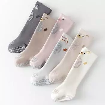 Мультяшные носки до середины икры с изображением животных, противоскользящие носки для малышей, зимние утолщенные теплые гольфы выше икры S бежевый