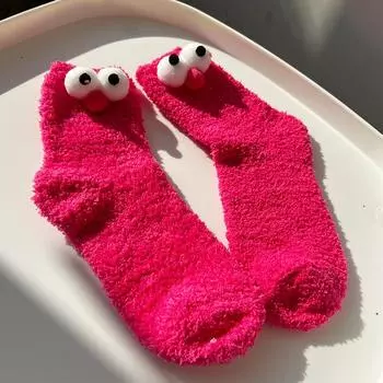 Мультяшные носки с большими глазами для женщин, кавайные милые пушистые плюшевые напольные носки, зимние утолщенные теплые носки из кораллового флиса, женские забавные носки one size