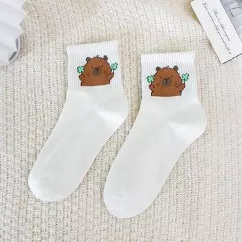 Мультяшные носки с капибарой, носки с медвежонком, весенне-осенние хлопковые носки средней длины, милые носки, популярные в интернете, корейская версия, носки-следки