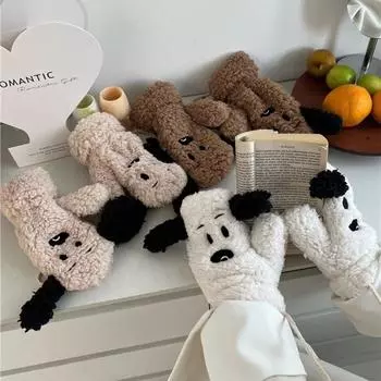 Мультяшные перчатки с полным пальцем, утолщенные зимние перчатки, универсальные плюшевые варежки для собак, для улицы белый