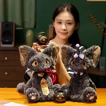 Мультяшные плюшевые игрушки, милый черный кот, плюшевый немецкий кудрявый кот, галстук-бант, черная кошка, кукла, игрушка, подарок на день рождения, Хэллоуин 30cm