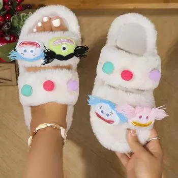 Мультяшные плюшевые тапочки для женщин, теплые сандалии на толстой подошве, милые тапочки для девочек, нескользящие, зимние, для дома 36 чёрный