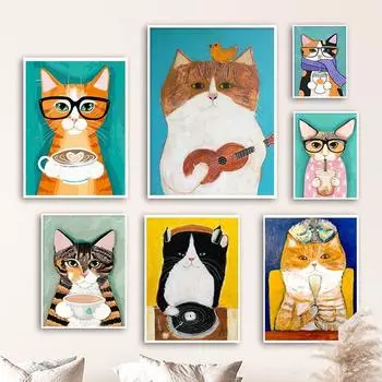 Мультяшные постеры с котами, винтажные картины на холсте с изображением животных, настенные художественные принты для гостиной, картины для детей, спальни, детской комнаты, домашнего декора 21x30cm No Framed