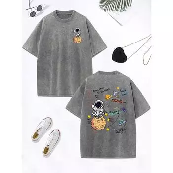 Мультяшные принты с космонавтом и космическими приключениями, выстиранная футболка, женские хлопковые топы оверсайз, футболка с круглым вырезом в стиле гранж, одежда S