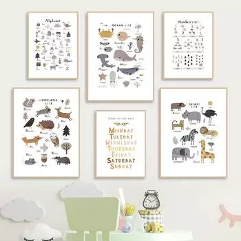 Мультяшные развивающие животные, цифры, алфавит, настенная живопись на холсте, постеры на скандинавскую тему и принты, настенные панно для декора детской комнаты 21cm30cm NoFrame