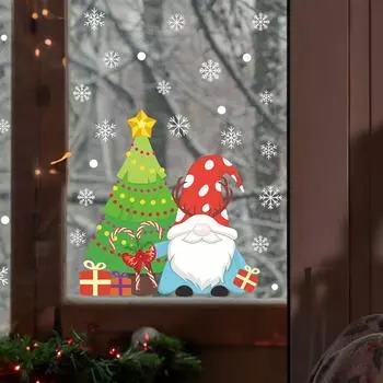 Мультяшные рождественские гномы Рождественская елка Снежинка Подарочная коробка Стеклянные окна Наклейки на окна 28*28CM/fun-f265