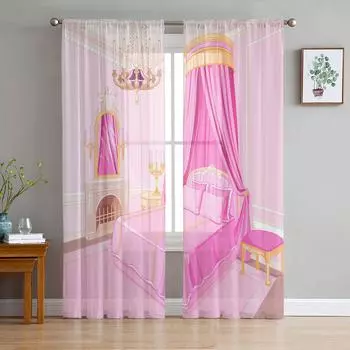Мультяшные розовые занавески для спальни, милые тюлевые оконные шторы для гостиной, прозрачная вуаль из органзы, занавеска для спальни, кухни, домашний декор, драпировка W135 x H115cm x1