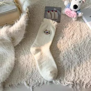 Мультяшные вышитые носки средней длины, толстые, с пузырчатым узором, теплые флисовые носки, удобные для женщин, повседневные носки