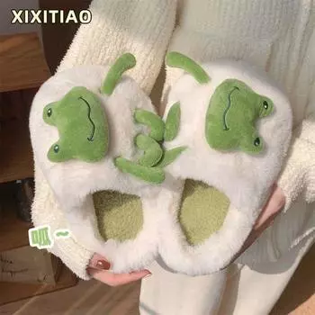 Мультяшные забавные лягушонки, плюшевые тапочки для мужчин и женщин, осенне-зимние меховые тапочки для дома и отдыха, нескользящие хлопковые тапочки 36-37