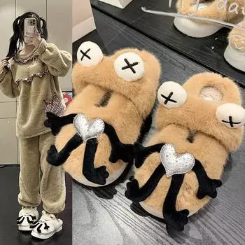 Мультяшные забавные плюшевые тапочки для женщин 2024 года, осенне-зимние теплые домашние удобные повседневные тапочки из хлопка Баотоу на платформе 36-37 белый