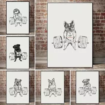 Мультяшные животные, бульдог, тяжелая атлетика, упражнения на холсте, настенные художественные картины, постеры, принты для гостиной, детская комната, домашний декор, без рамки 21*30cm