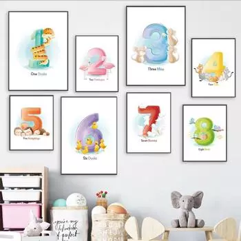 Мультяшные животные, цифры, скандинавские постеры и принты, настенная живопись на холсте, обучающие настенные картины для детской комнаты, декор для детской комнаты 21cm30cm NoFrame