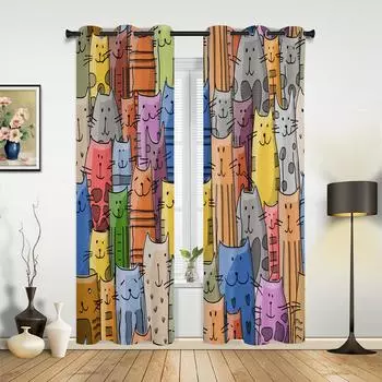 Мультяшные животные, цветные кошки, занавески для окон, украшения дома, шторы для гостиной, шторы для детской комнаты, шторы для кухни, спальни 135W x 60H(cm) x1