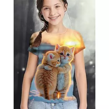 Мультяшные животные, кошки, 3D-принт, 2025, одежда для девочек, модные повседневные футболки, забавные футболки для девочек, летний топ с короткими рукавами 100