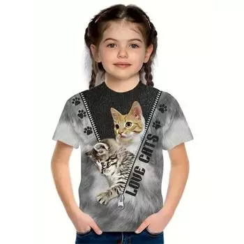 Мультяшные животные, кошки, 3D-принт, 2025, одежда для девочек, модные повседневные футболки, забавные футболки для девочек, летний топ с короткими рукавами 100