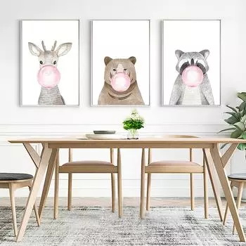 Мультяшные животные, надувающие воздушный шар, олень, настенная живопись, холст, настенная живопись, постер, украшения для детей, детский домашний декор 21x30cm No Framed
