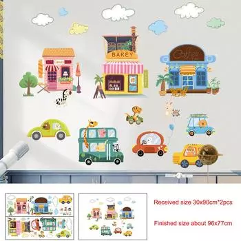 Мультяшные животные Наклейка на стену Музыкальная вечеринка Самолет Воздушный шар Декор Детская комната Детская Виниловые съемные наклейки 30x90cmx2pcs