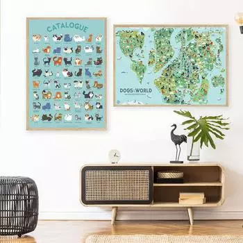 Мультяшные животные, собаки мира, карта и каталог, постер с кошками, детский холст, печать, настенная художественная картина, Детский декор для спальни 21x30cm No Framed