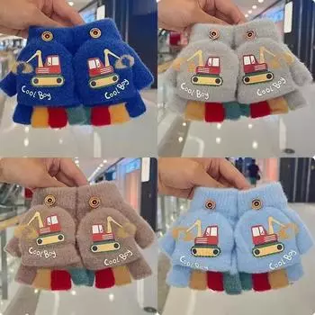 Мультяшные зимние перчатки для мальчика, милые экскаваторные толстые теплые детские варежки с полупальцами, ветрозащитные детские перчатки для отдыха на природе синий
