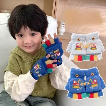 Мультяшные зимние перчатки для мальчика, милые экскаваторные толстые теплые детские варежки с полупальцами, ветрозащитные детские перчатки для отдыха на природе