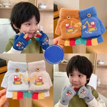 Мультяшные зимние перчатки для мальчика, милые экскаваторные толстые теплые детские варежки с полупальцами, ветрозащитные детские перчатки для отдыха на природе
