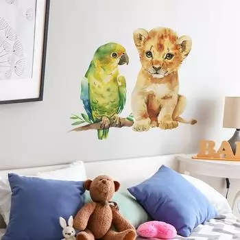 Мультяшный акварельный маленький лев попугай спальня гостиная стена украшение декоративные настенные наклейки 40*50cm/fun-f297