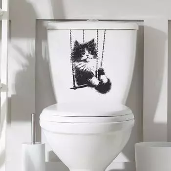 Мультяшный эскиз кота на качелях туалет пристроенная ванная комната украшение для дома настенные наклейки 20*29CM/fun-m81