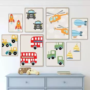 Мультяшный автомобиль, настенное искусство, вертолет, парусные ракеты, картина на холсте, скандинавские постеры и принты, настенные панно для детской комнаты, декор для детской комнаты, без рамки 21*30cm