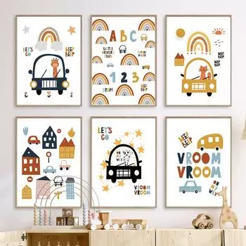 Мультяшный автомобиль, Радужный номер, буква, цитата, настенная живопись на холсте, постеры на скандинавскую тему и принты, настенные панно для детской комнаты, декор для детской комнаты 21cm30cm NoFrame