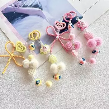 Мультяшный бант для девочек, плюшевая бисерная телефонная цепочка, шнурок для телефона, брелок для ключей, кулон в виде чашки для воды, цепочка для сумки, цепочка для наушников и камеры синий