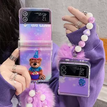 Мультяшный чехол для Samsung Galaxy Z Flip 3 4 5g ПК Жесткий браслет 3 в 1 Ins 2023 Новый противоударный чехол для телефона с милым медведем Conque For Samsung Z Flip 4
