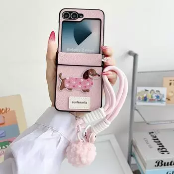 Мультяшный чехол из искусственной кожи для телефона Samsung Galaxy Z Flip 6 5 4 3 Flip6 Flip5 Flip4 Flip3 5G с ремешком на запястье и защитной крышкой шарнира For Samsung Galaxy Z Flip6