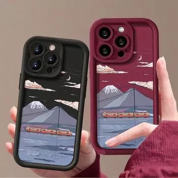 Мультяшный чехол с рисунком горы Фудзи из ТПУ для iPhone 16, 15, Pro, 14, Plus, 13, 12, 11, Pro Max, Xs, Xr, 8, 7, однотонный, ударопрочный, защитный чехол для объектива iPhone 16 чёрный