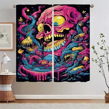 Мультяшный череп, иллюстрация, кухонные занавески, подхваты, шторы для спальни, 2 шт., затемняющие шторы для гостиной, жалюзи в виде щупалец W50xH70cmx2pcs-CL