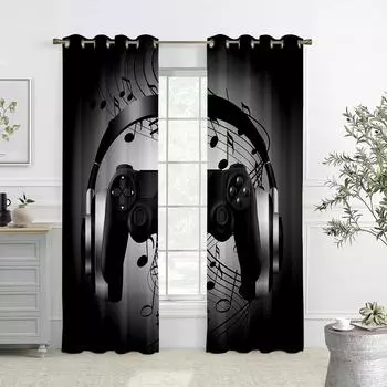 Мультяшный черно-белый игровой электронный контроллер занавес, 2 панели, детская комната, спальня, кабинет, декоративное окно W50X130H(CM)X2PCS&Grommet Top