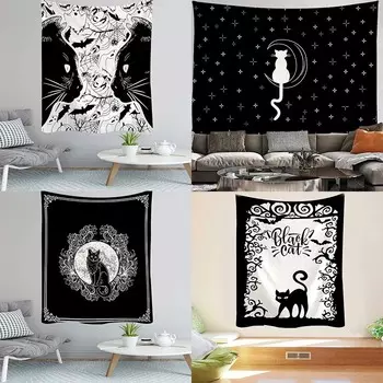 Мультяшный черно-белый кот висит ткань офис гостиная гобелен украшение стены дома гобелен 100x75cm