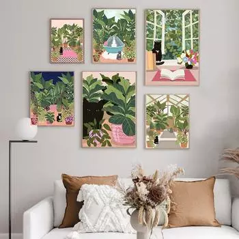 Мультяшный черный кот и плакат с растениями, скандинавская настенная живопись на холсте, принты для ванной комнаты на открытом воздухе 21cm30cm NoFrame