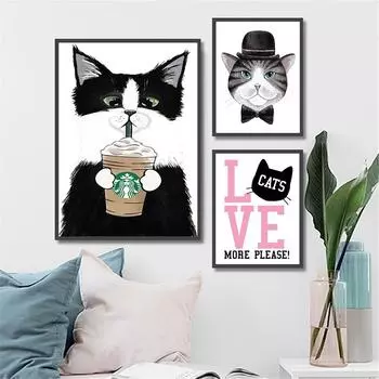 Мультяшный черный кот, милый постер, печать на холсте, декор для комнаты для девочек, милые животные, абстрактная живопись, украшение для гостиной 21cm30cm NoFrame