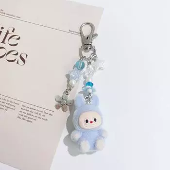 Мультяшный флокированный брелок Labubu Кавайная цепочка для телефона Подвеска для сумки Подарок синий