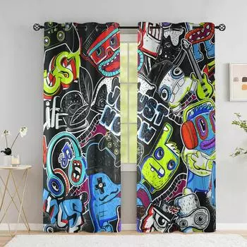 Мультяшный геймпад, высокие затемняющие шторы для спальни, граффити, слова, видеоигры, оконные шторы, игровые плееры, декор гостиной W55 X H120cm X 2&HOOK
