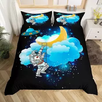 Мультяшный комплект пододеяльника с космонавтом Луна Облака Звездное небо Покрывало Микрофибра Галактика Комплект постельного белья Полуторный Кинг Для мальчиков девочек Подарок EU Twin(135x200cm)