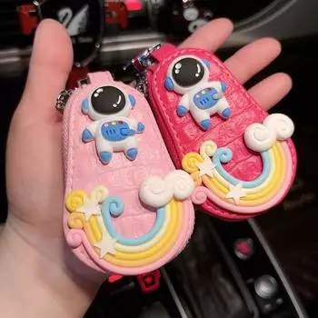 Мультяшный космонавт Радужный чехол для ключей от машины для женщин, милый кожаный брелок для ключей белый