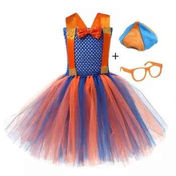 Мультяшный костюм Платье Блиппи Шляпа Очки Косплей Нарядная одежда Вечеринка Детские подарки S(2-3Y)